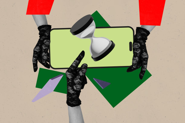 时尚艺术创意全景照片拼贴，展示手握智能手机的自由职业者用户和IT专家，沙漏象征着截止日期。图片下载