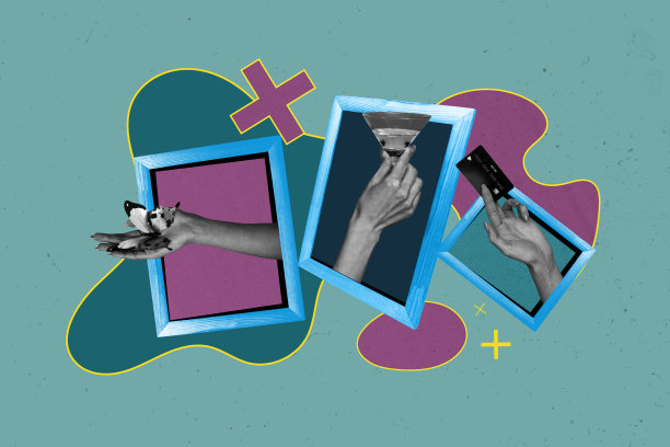 独特的杂志图片素描拼贴，展示手握不同物品：信用卡、马提尼酒杯、瓶子、书籍、花朵和钱。图片下载