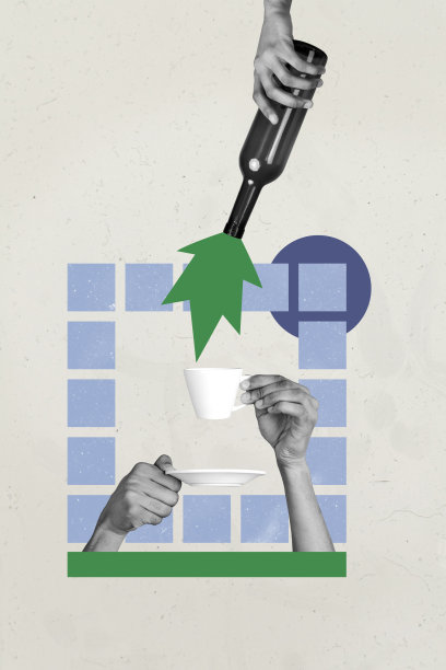 手持陶瓷杯的垂直照片拼贴，饮品包括热拿铁、咖啡师制作的美式咖啡、酒瓶和午餐休息时光。图片下载