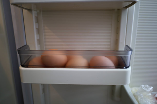 这张照片展示了一个冰箱架子，上面有几个棕色鸡蛋放在一个透明塑料容器里。图片下载