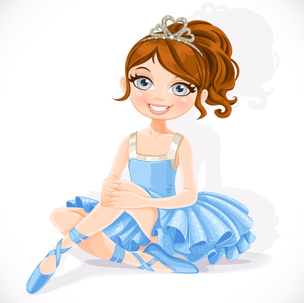 穿着蓝色裙子和王冠的美丽芭蕾舞女孩坐在白色背景上的地板上。图片下载