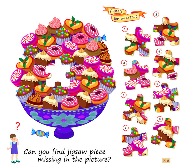 你能在图片中找到缺失的拼图块吗？适合儿童和成人的逻辑益智游戏。儿童脑筋急转弯书的页面。提高注意力的任务。培养空间思维。平面矢量插图。图片下载