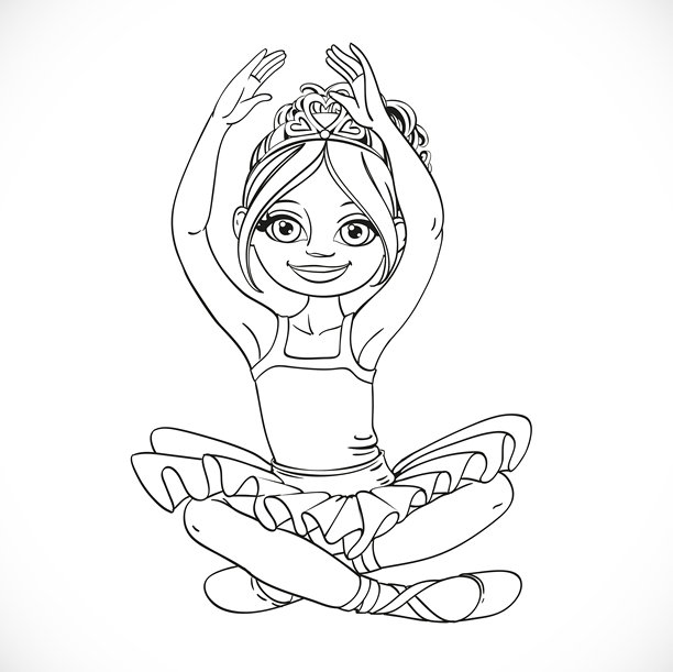 美丽的芭蕾舞女孩穿着舞裙坐在地板上，轮廓清晰，背景为白色。图片下载