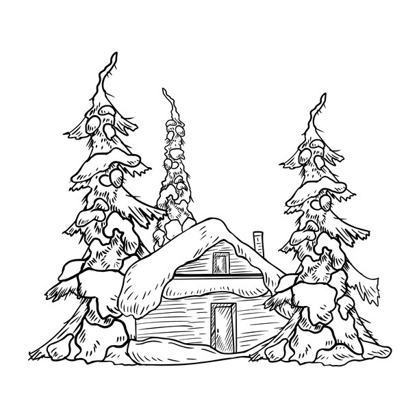雪地森林边缘的松树小屋，手绘黑白轮廓矢量插图。适合乡村品牌、节日场景和森林圣诞卡的温馨冬季单色风景。图片下载