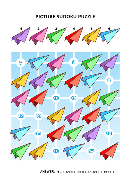 六乘六的图片数独拼图（一个方块），配有五彩纸飞机。答案已包含。图片下载