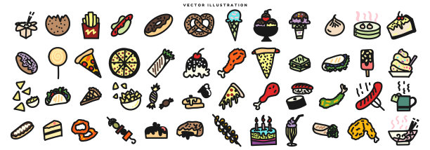 色彩丰富的手绘快餐、糕点、甜点和糖果插图。涂鸦风格的肉类、鸡肉、薯条、烤肉串、点心、比萨、冰淇淋、甜甜圈、蛋糕、油炸食品、薯片、塔可、烤肉串、寿司。图片下载