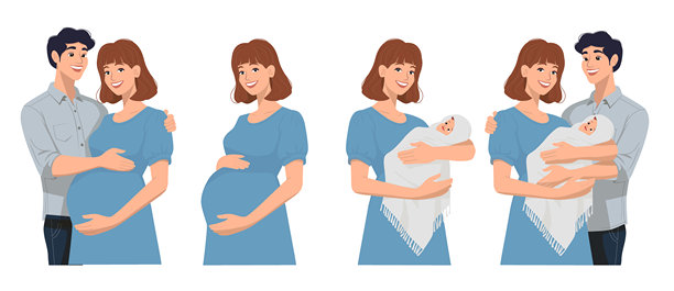 怀孕阶段。孕妇与丈夫，孕妇，抱着新生儿的女性，带着新生儿的家庭，婴儿产前发育卡通概念。矢量信息图。图片下载