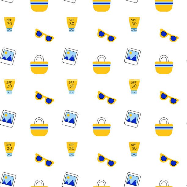 旅行无缝图案，包含旅行包、太阳镜和防晒霜。宝丽来照片框。图片下载