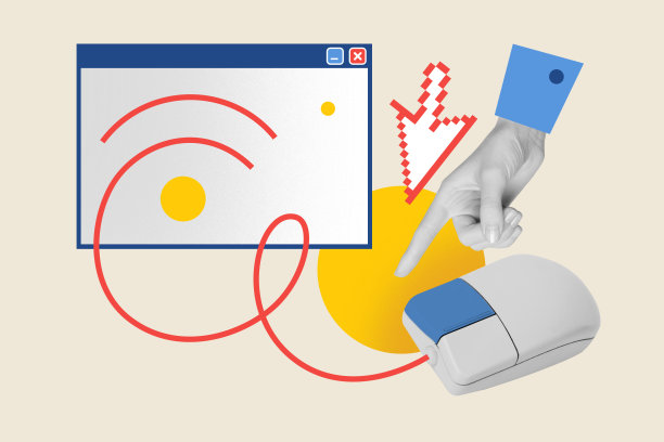 手推鼠标按钮的合成照片拼贴，办公室设备，企业标签，网站光标点击，孤立在涂漆背景上图片下载