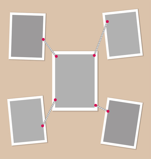 一组用绳子连接的5张空白照片卡片。照片、拼贴、卡片、演示的模板。创意空白模板。米色背景上的白色相框照片框。EPS10。图片下载