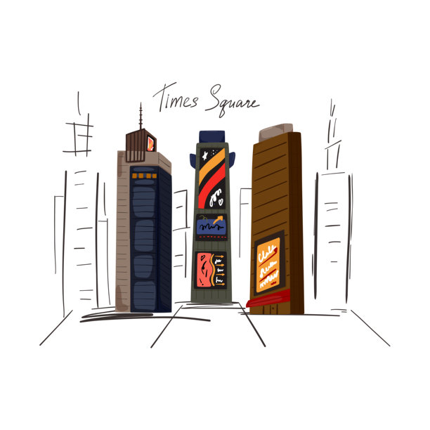 纽约时代广场的卡通和素描建筑。手绘矢量插图，背景为白色。图片下载