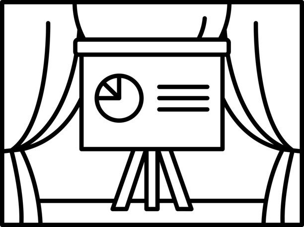 一幅黑白画，展示了一个投影幕布，上面有一个饼图。图片下载