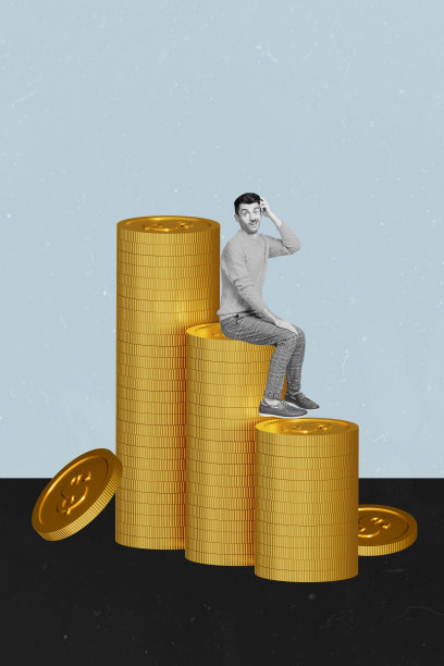 趋势艺术作品合成素描图像 3D 照片拼贴，年轻男孩困惑地坐在巨大的美元金币堆上，手摸着头。图片下载