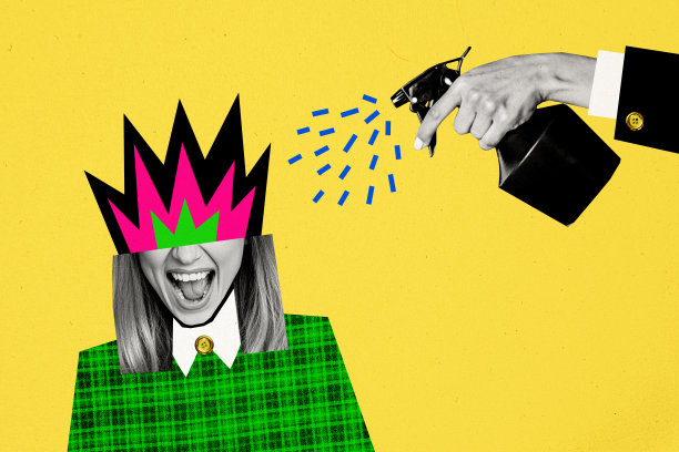 合成照片拼贴，表现尖叫女孩、燃烧的头、截止日期、工作负荷、办公室、手握水喷雾、求助，背景为涂鸦风格。图片下载