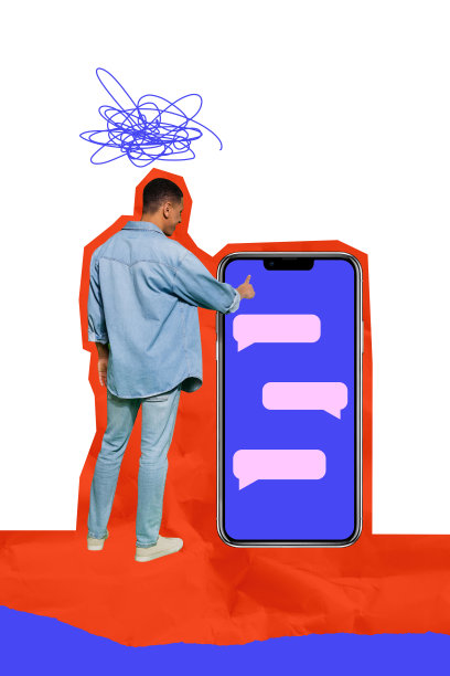 快乐的美国男士在涂鸦背景上触摸iPhone屏幕，使用在线应用程序、消息和电子邮件气泡的竖版照片拼贴。图片下载