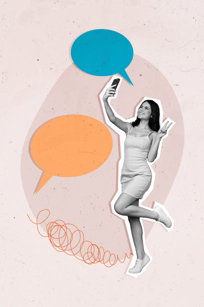 趋势艺术作品草图图像合成照片拼贴，包含对话云、聊天、交谈的剪影，年轻女士使用手机进行视频博客。图片下载