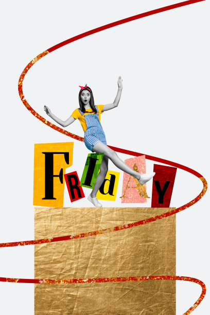 惊讶女孩的垂直照片拼贴，庆祝周五的周末派对，穿着时尚服装，背景为涂鸦风格。图片下载