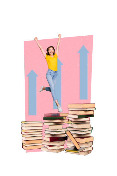 兴奋快乐的女孩在书堆上跳跃，展示图书馆工作人员晋升成功的竖向照片拼贴，背景为涂鸦风格。图片下载