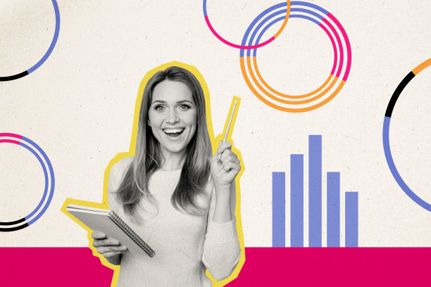 年轻聪明女性剪影手持笔和笔记本，展示图形的趋势艺术合成素描照片拼贴。图片下载