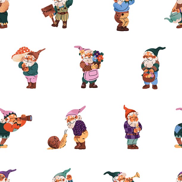 可爱的花园侏儒重复图案，戴着帽子。快乐的小矮人与花朵、蘑菇、蜗牛、望远镜的无尽背景。小童话角色们在玩耍。平面无缝矢量插图。图片下载
