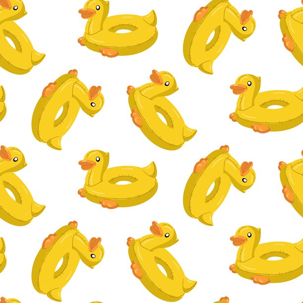 游泳圈的图案呈现为一只黄色的小鸭子，拥有大大的圆眼睛、明亮的橙色喙和可爱的尾巴。这只漂浮的小鸭子非常适合夏季主题的泳池派对。无缝插图图片下载