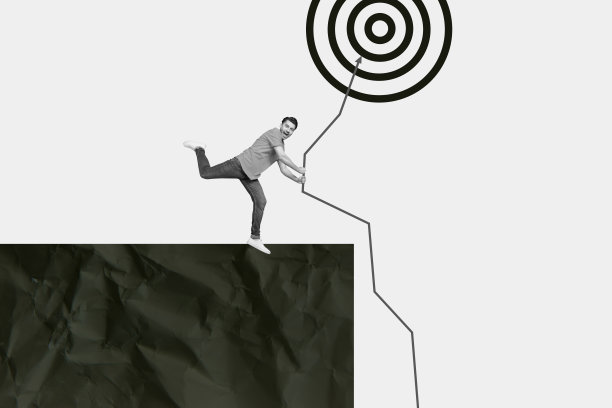 工作空间的复合素描艺术照片拼贴，圆形催眠线，办公室经理手持箭头，瞄准目标。图片下载