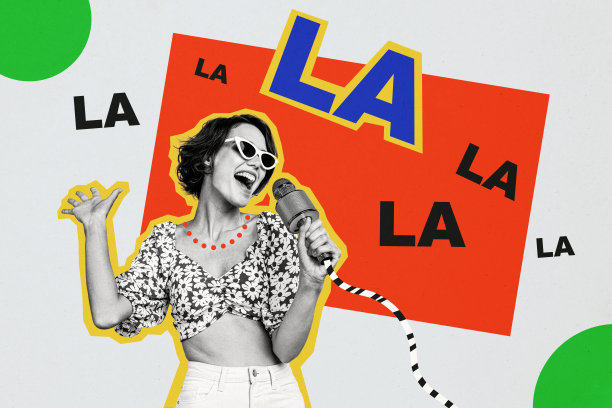 快乐女孩名人穿着时尚太阳镜，手持麦克风在演唱会表演，背景为涂鸦风格的合成照片拼贴。图片下载