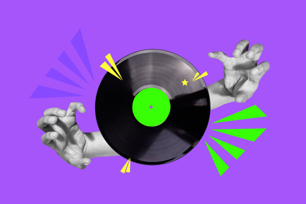 紫色背景的艺术素描照片拼贴，卡通夜总会，休闲放松，复古音乐舞蹈，时尚黑胶唱片，长时间播放，手抓住。图片下载