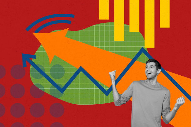 趋势艺术作品合成素描图像 3D 照片拼贴统计图表信息图分析快乐成功的男人握拳表示肯定，箭头向上增长图片下载