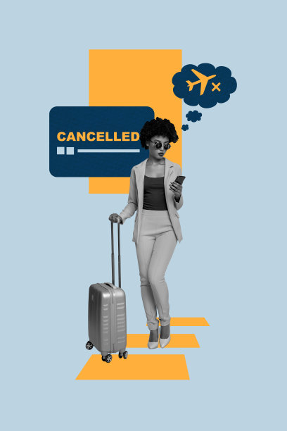 垂直图片拼贴，年轻女士时尚服装，旅行者，假期，航班取消，飞机，国外之旅，旅行社图片下载