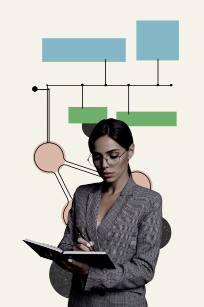 垂直照片拼贴，女商人正在记录笔记本中的结果报告信息图表演示界面，美丽的企业家图片下载