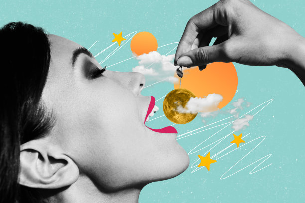 合成照片拼贴，特写女性面孔手持月球、樱桃模仿物，想要吃外星空间星星，背景为涂鸦风格。图片下载