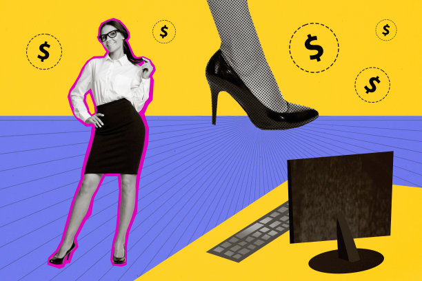 成功女性穿着正装攀登职业阶梯的创意抽象照片拼贴，背景为黄色。图片下载