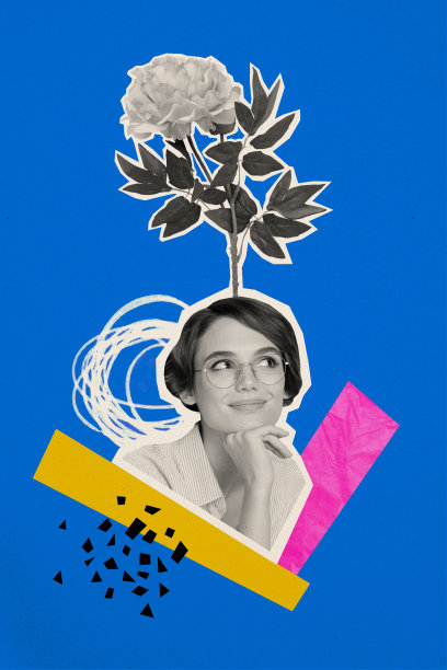 剪影年轻女性手持手表，头部长出花朵的趋势照片拼贴画，吸引人且美丽。图片下载