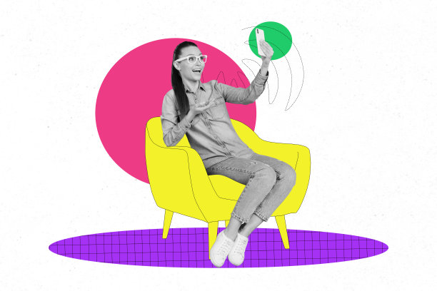 明亮色彩家居空间的3D照片拼贴艺术作品，舒适的扶手椅上坐着一位女性，手持智能手机进行博客创作。图片下载