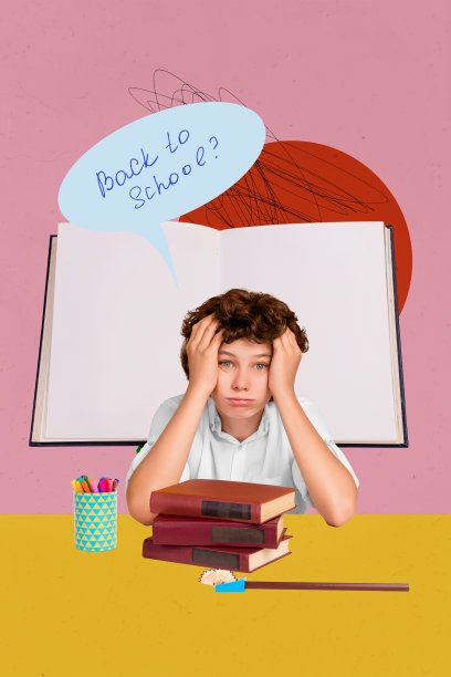 垂直照片拼贴，表现沮丧的少年学生，九月一日开学准备用品概念，背景为涂鸦风格。图片下载