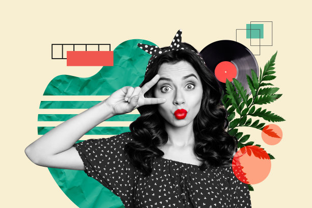 快乐女孩的拼贴照片，撅嘴涂着红色唇膏，做出和平手势，复古派对黑胶唱片活动，背景为涂鸦风格。图片下载