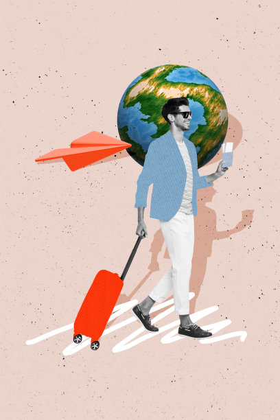 年轻时尚男子手提行李箱走在纸飞机和地球的背景下，旅行度假插画拼贴图图片下载