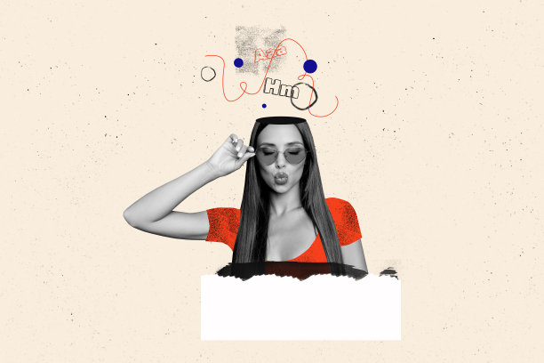 犹豫的女孩剪影照片拼贴，思考解决方案，面露不确定的决策概念，嘟嘴，背景为涂鸦风格。图片下载