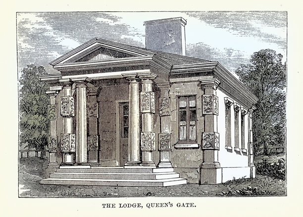 维多利亚时代的英式建筑，位于伦敦肯辛顿花园的女王门小屋，维多利亚风格，19世纪，复古插图，1860年代图片下载