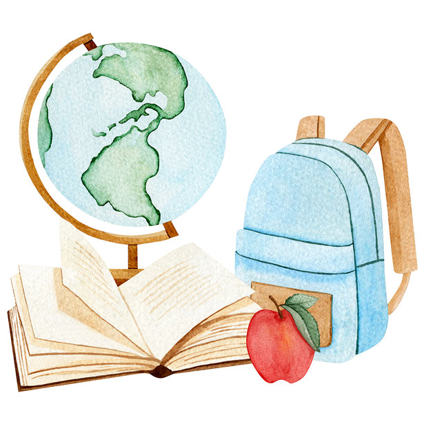 水彩风格的学校插图，前景中有一个地球仪、一个背包、一只苹果和一本打开的书。非常适合返校季、教育和课堂主题的设计。图片下载