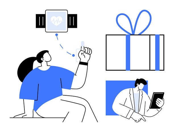 健康与健身爱好者与智能手表互动，医生通过平板电脑咨询，礼品盒图片下载