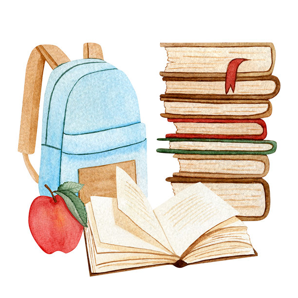 水彩风格的学校插图，前景中有一堆书籍、一个背包、一颗苹果和一本打开的书。非常适合教育、学校或学习相关的设计。图片下载