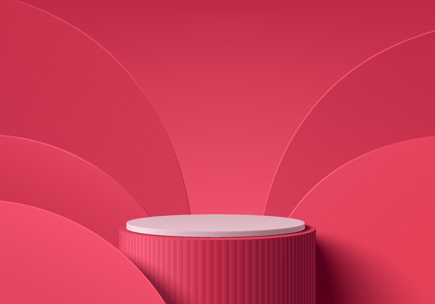 粉色3D背景，配有逼真的白色圆柱形展台和重叠曲线墙面场景。柔和的极简风格产品展示。抽象几何平台。舞台展示。3D矢量渲染。图片下载
