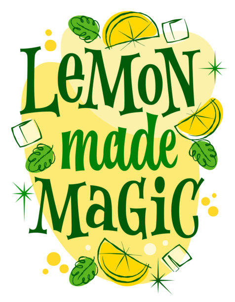 柠檬制造魔法。排版采用俏皮、粗体的字母，带有复古风格。装饰元素包括柠檬、叶子和冰块。色彩搭配明亮的绿色和黄色。图片下载