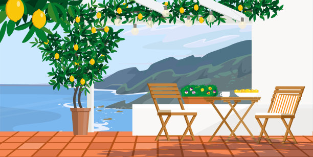 阳台上的花园家具，旁边有花盆和一棵柠檬树。矢量平面插图。图片下载