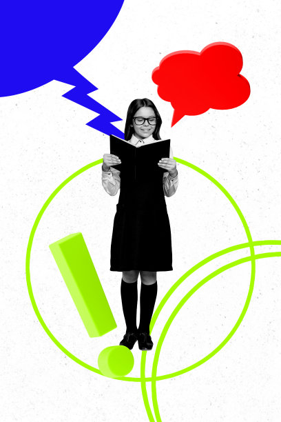 快乐的女学生在书本上阅读，文学课堂的想象，书呆子，文本框，竖版照片拼贴，背景涂鸦。图片下载