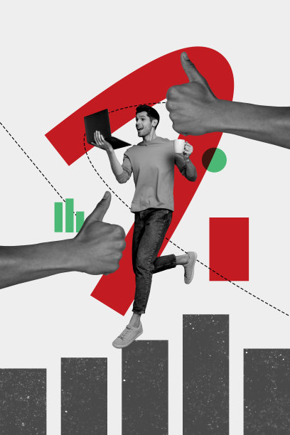 快乐的男人在涂鸦背景前手持笔记本电脑，展示自由职业生涯图表的竖向照片拼贴。图片下载