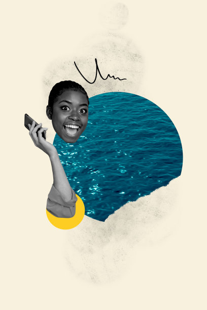 快乐的美国女孩在涂鸦背景下，使用iPhone设备与电话服务热线中心进行沟通的竖版照片拼贴。图片下载