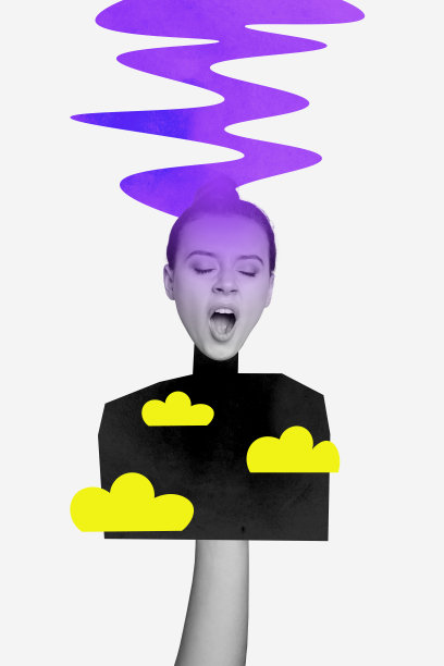 趋势艺术作品合成素描照片拼贴，惊讶的困倦女性无身体的木偶师手，打哈欠，午睡，休息，放松，清晨。图片下载